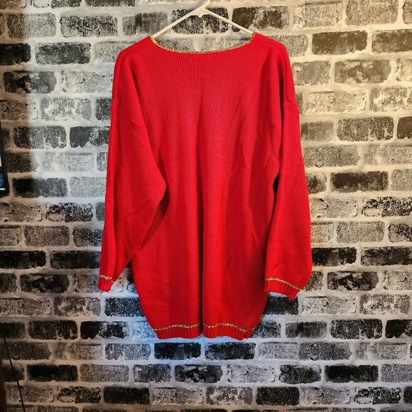 Vintage Red Holiday Christmas Tunic Ribbed Sweater Oversized gold trim One Size - Picture 3 of 4